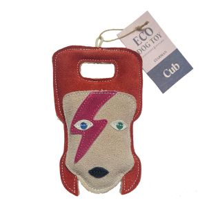 Biodegradable and recyclable dog toy with built in carry handle, with design inspired by Starman (David Bowie).