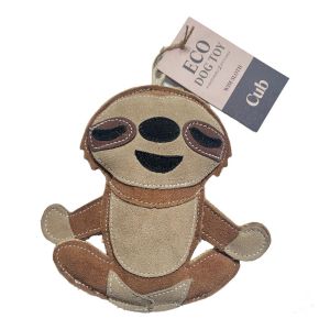 Sloth-shaped dog toy in a yoga pose, made from biodegradable and recyclable materials.