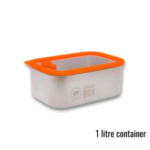 Elephant box 1L food storage container made from stainless steel with a borosilicate glass lid.