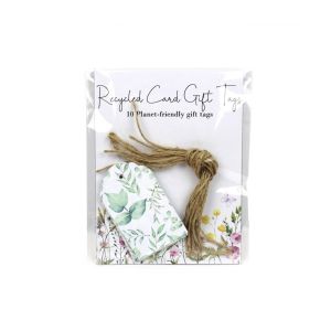 Pack of 10 rectangular gifts tags made from recycled card, featuring a green leaves print.