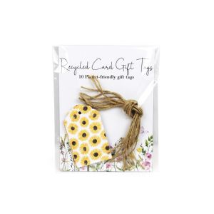 Rectangular shaped recycled card gift tags, presented as a pack of 10 with twine string, featuring a sunflower print.