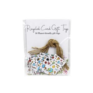 Pack of 10 folded rectangular gift tags made from recycled card with a teacher themed print, presented with cut twine lengths.
