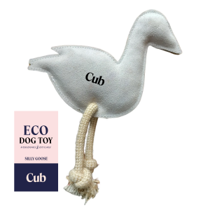Goose bird shaped dog toy made from biodegradable jute, soft suede, coco coir and cotton rope.