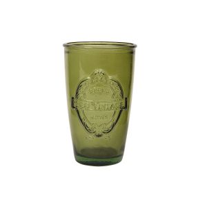 small recycled glass green drinking tumbler, with embossed vintage logo