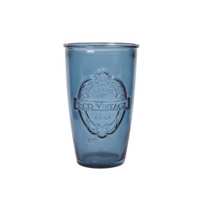 small blue drinks tumbler made from recycled glass