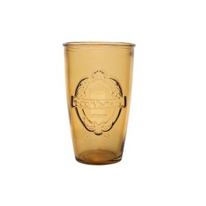 a small recycled glass drinking tumbler with an embossed vintage emblem