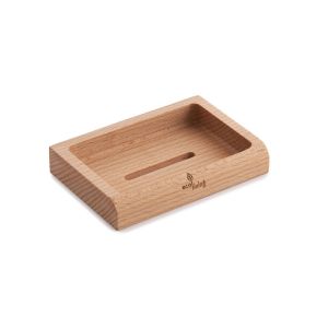 an eco friendly, rectangular soap dish made from sustainably sourced beech wood with integrated slot in base