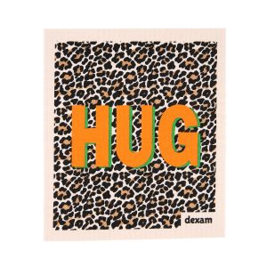 a reusable dishcloth made from compostable plant cellulose, with an animal print pattern and orange text reading 'Hug'