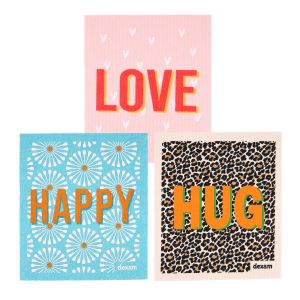 a set of three reusable, compostable cleaning cloths with bright colourful designs, and text reading Love, Hug and Happy