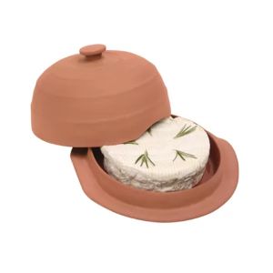 A domed cheese baking dish with lid, made from terracotta and presented in a smart gift box.